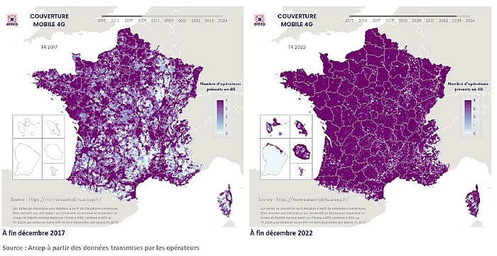 Couverture 4G entre 2018 et 2022 en France selon l'Arcep.